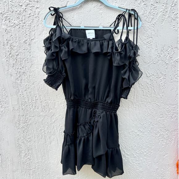 Misa Los Angeles Emelie Tie Cold Shoulder Ruffle Hem Mini Dress Black Women's XS - Picture 11 of 12